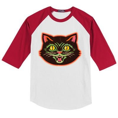 Vintage Retro Halloween Cat Face Kids Colorblock Raglan Jersey