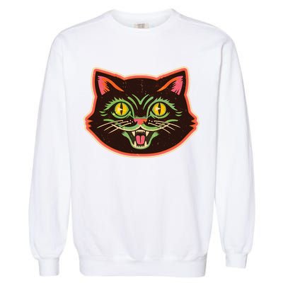 Vintage Retro Halloween Cat Face Garment-Dyed Sweatshirt