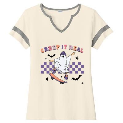 Vintage Retro Halloween Creep It Real Ghost Fall Season Ladies Halftime Notch Neck Tee