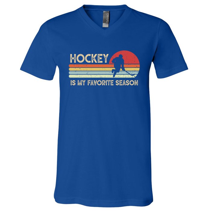 Vintage Retro Hockey Is My Favorite Season Funny Hockey Gift Great Gift V-Neck T-Shirt