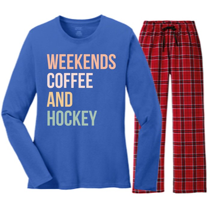 Vintage Retro Hockey Lover Funny Gift Weekends Coffee And Hockey Gift Women's Long Sleeve Flannel Pajama Set 