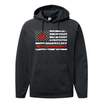 Vintage Retro Husband Daddy Protector Welder American Flag Performance Fleece Hoodie