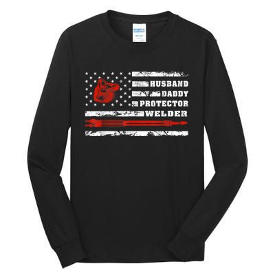 Vintage Retro Husband Daddy Protector Welder American Flag Tall Long Sleeve T-Shirt