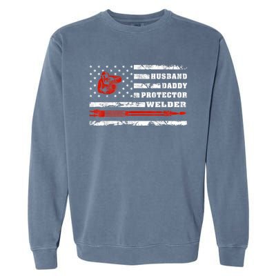 Vintage Retro Husband Daddy Protector Welder American Flag Garment-Dyed Sweatshirt