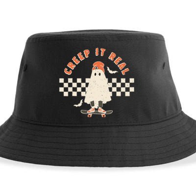 Vintage Retro Halloween Creep it real Ghost Fall Season Sustainable Bucket Hat