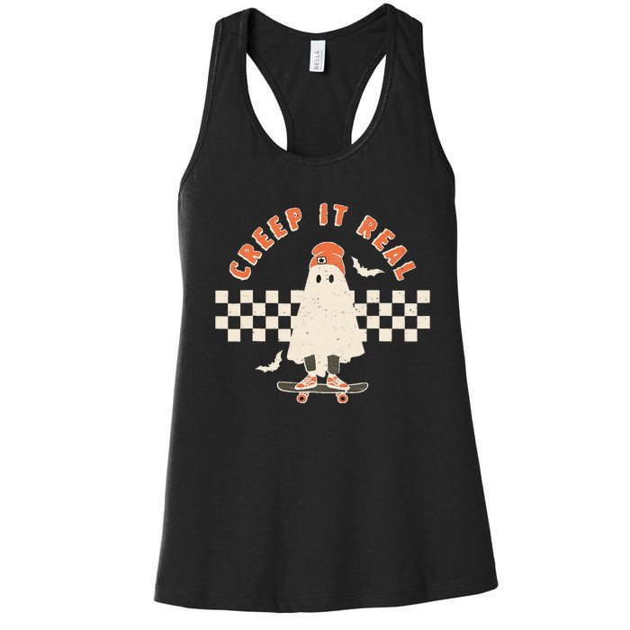 Vintage Retro Halloween Creep it real Ghost Fall Season Women's Racerback Tank