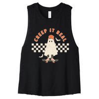 Vintage Retro Halloween Creep it real Ghost Fall Season Women's Racerback Cropped Tank