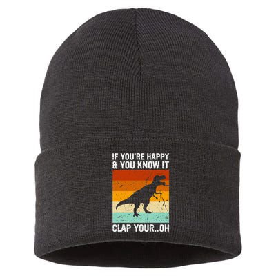 Vintage Retro If Youre Happy And You Know It T Rex Dinosaur Sustainable Knit Beanie