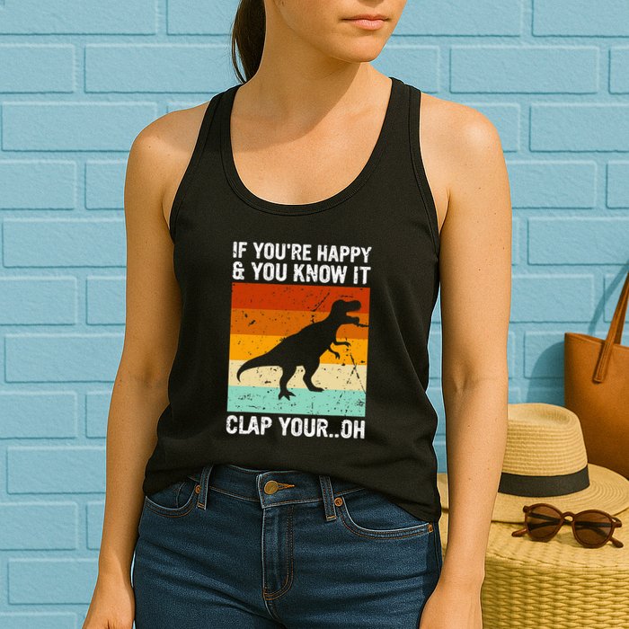 Vintage Retro If Youre Happy And You Know It T Rex Dinosaur Womens Tank Top
