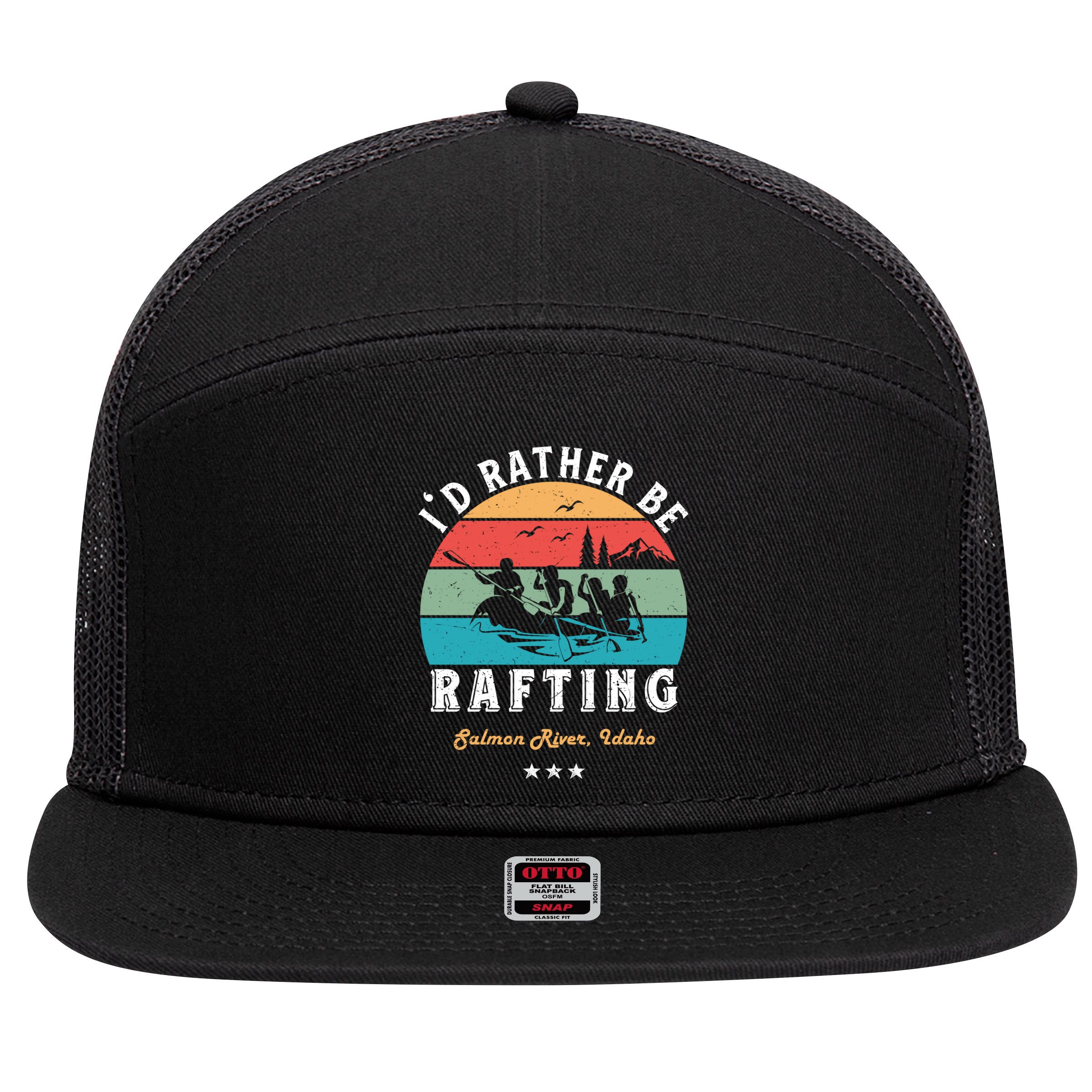 Vintage Retro I'd Rather Be Water Rafting Salmon River Idaho Gift 7 Panel Mesh Trucker Snapback Hat