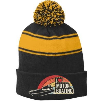 Vintage Retro I Love Motor Boating Funny Boater Stripe Pom Pom Beanie