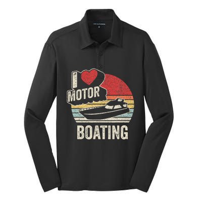 Vintage Retro I Love Motor Boating Silk Touch Performance Long Sleeve Polo