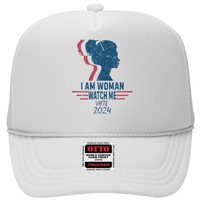 Vintage Retro I Am Woman Watch Me Vote For President Kamalaharris High Crown Mesh Back Trucker Hat