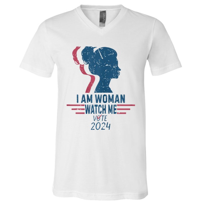 Vintage Retro I Am Woman Watch Me Vote For President Kamalaharris V-Neck T-Shirt