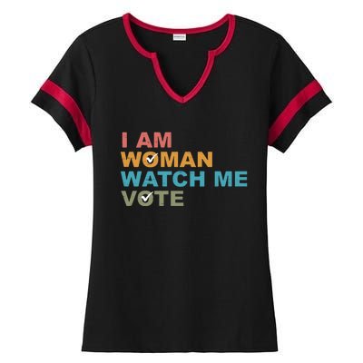 Vintage Retro I Am Woman Watch Me Vote For President Kamalaharris Ladies Halftime Notch Neck Tee