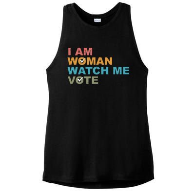 Vintage Retro I Am Woman Watch Me Vote For President Kamalaharris Ladies PosiCharge Tri-Blend Wicking Tank