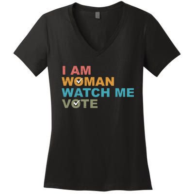 Vintage Retro I Am Woman Watch Me Vote For President Kamalaharris Women's V-Neck T-Shirt