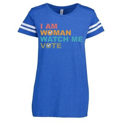 Vintage Retro I Am Woman Watch Me Vote For President Kamalaharris Enza Ladies Jersey Football T-Shirt