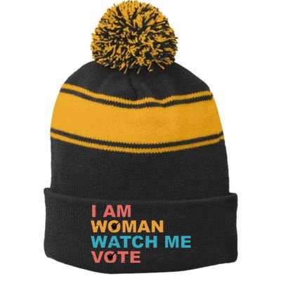 Vintage Retro I Am Woman Watch Me Vote For Women Stripe Pom Pom Beanie