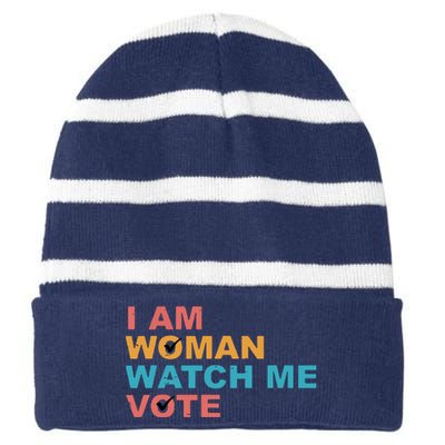 Vintage Retro I Am Woman Watch Me Vote For Women Striped Beanie with Solid Band