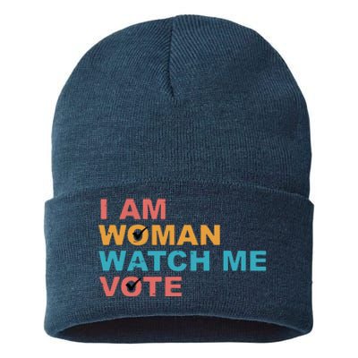 Vintage Retro I Am Woman Watch Me Vote For Women Sustainable Knit Beanie