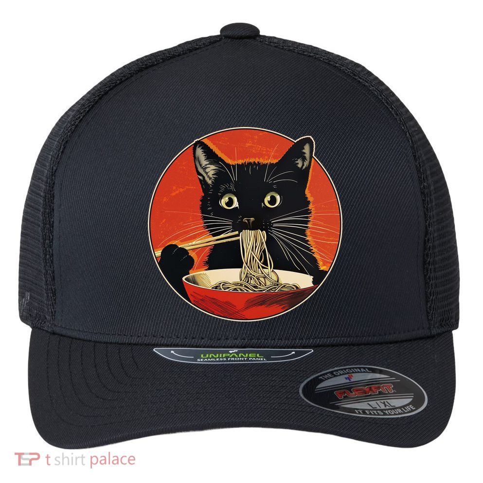 Vintage Retro Japanese Ramen Cat Neko Flexfit Unipanel Trucker Cap