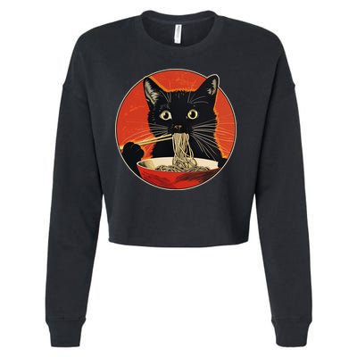 Vintage Retro Japanese Ramen Cat Neko Cropped Pullover Crew