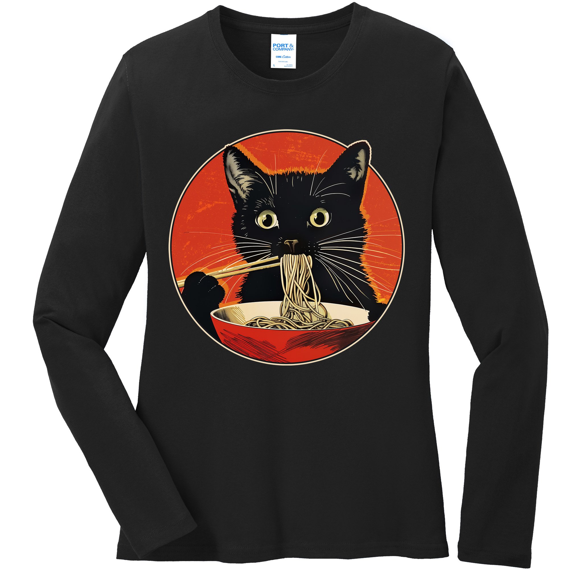 Vintage Retro Japanese Ramen Cat Neko Ladies Long Sleeve Shirt