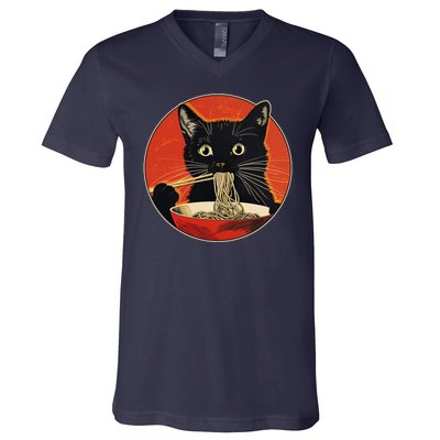 Vintage Retro Japanese Ramen Cat Neko V-Neck T-Shirt