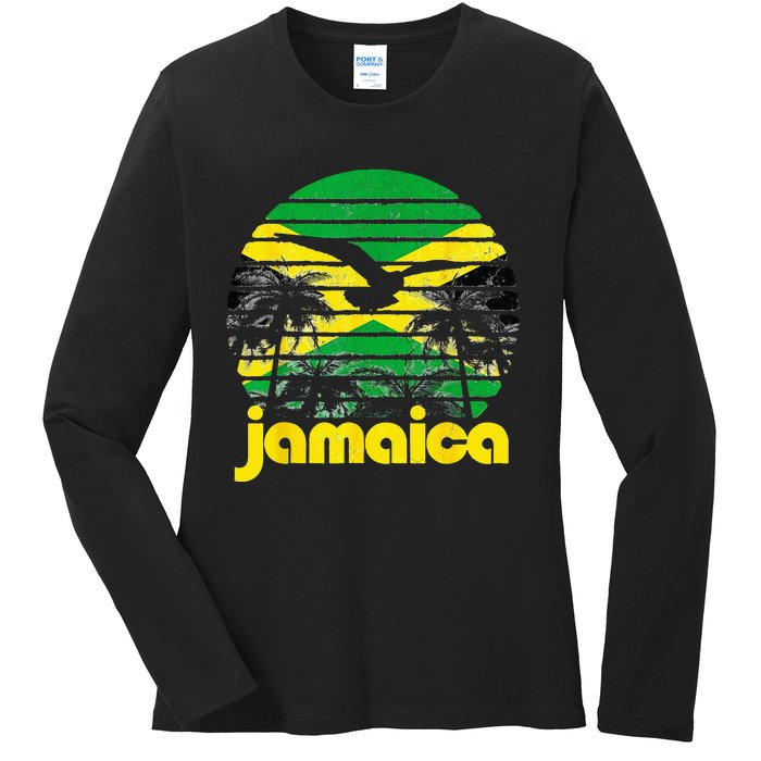 Vintage Retro Jamaica Flag Jamaican 70's 80's Ladies Long Sleeve Shirt