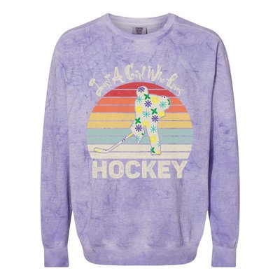 Vintage Retro Just A Who Loves Hockey Gift Colorblast Crewneck Sweatshirt