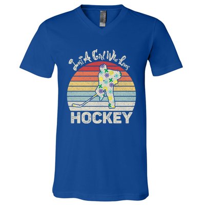 Vintage Retro Just A Who Loves Hockey Gift V-Neck T-Shirt