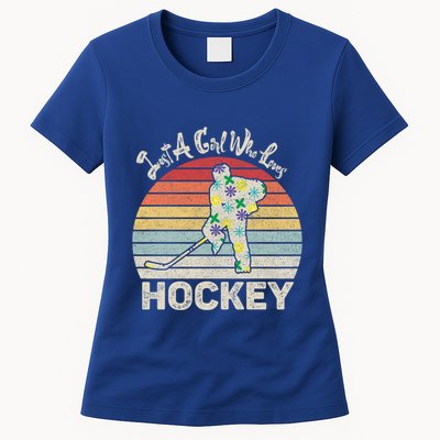 Vintage Retro Just A Who Loves Hockey Gift Womens T-Shirt