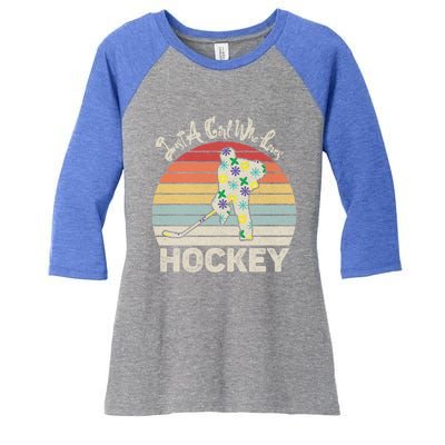 Vintage Retro Just A Who Loves Hockey Gift Women's Tri-Blend 3/4-Sleeve Raglan Shirt