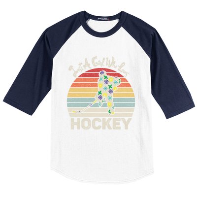 Vintage Retro Just A Who Loves Hockey Gift Baseball Sleeve Shirt