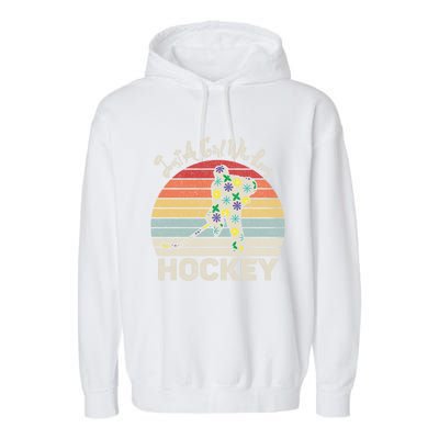 Vintage Retro Just A Who Loves Hockey Gift Garment-Dyed Fleece Hoodie