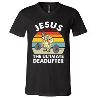 Vintage Retro Jesus The Ultimate Deadlifter Funny Gym Bodybuliding V-Neck T-Shirt