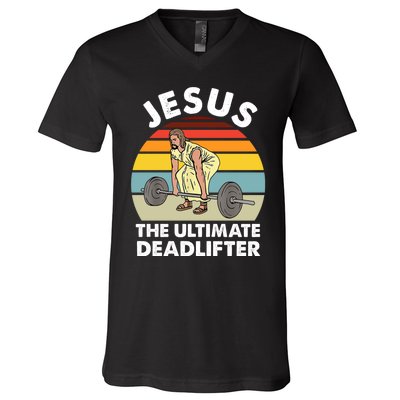 Vintage Retro Jesus The Ultimate Deadlifter Funny Gym Bodybuliding V-Neck T-Shirt