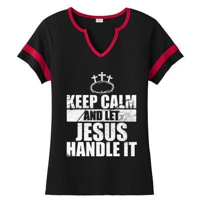 Vintage Retro Keep Calm And Let Jesus Handle it God Believer Ladies Halftime Notch Neck Tee