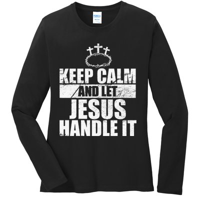 Vintage Retro Keep Calm And Let Jesus Handle it God Believer Ladies Long Sleeve Shirt