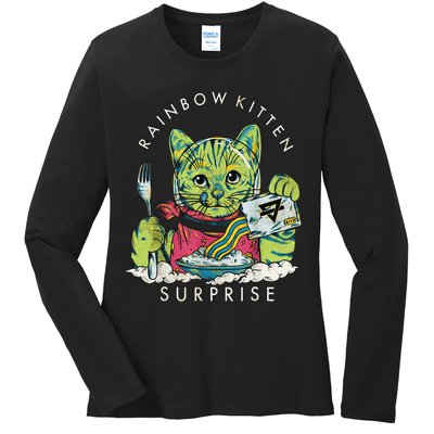 Vintage Rainbow Kitten Surprise Funny Cat Lover Ladies Long Sleeve Shirt
