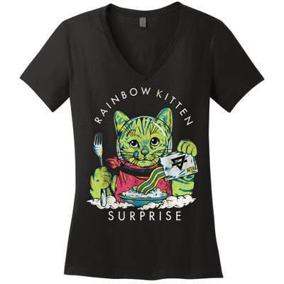 Vintage Rainbow Kitten Surprise Funny Cat Lover Women's V-Neck T-Shirt