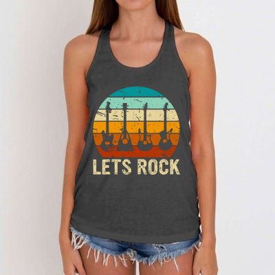 Vintage Retro Lets Rock Rock And Roll Guitar Music Women's Knotted Racerback Tank