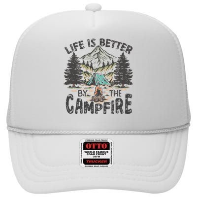 Vintage Retro Life Is Better Around The Campfire Camping High Crown Mesh Back Trucker Hat