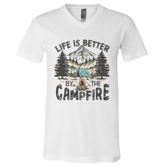 Vintage Retro Life Is Better Around The Campfire Camping V-Neck T-Shirt