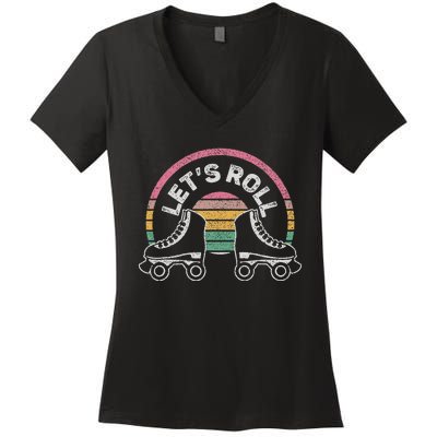 Vintage Retro Lets Roll Funny Roller Skate Girl Women's V-Neck T-Shirt