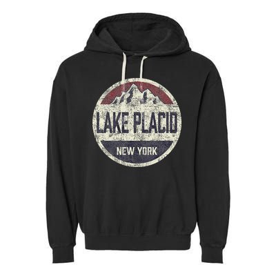 Vintage Retro Lake Placid New York Mountain Circle Ski Garment-Dyed Fleece Hoodie