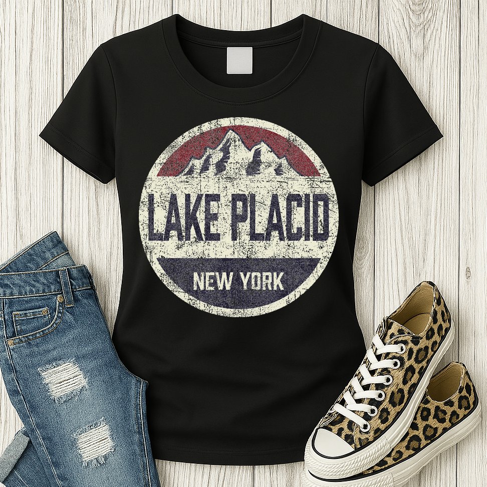 Vintage Retro Lake Placid New York Mountain Circle Ski Womens T-Shirt
