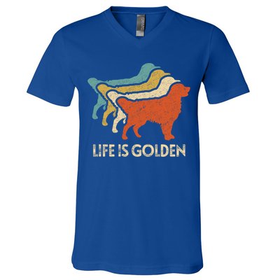 Vintage Retro Life Is Golden Retriever Dog Distressed Funny Meaningful Gift V-Neck T-Shirt