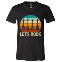 Vintage Retro Lets Rock Rock And Roll Guitar Music V-Neck T-Shirt